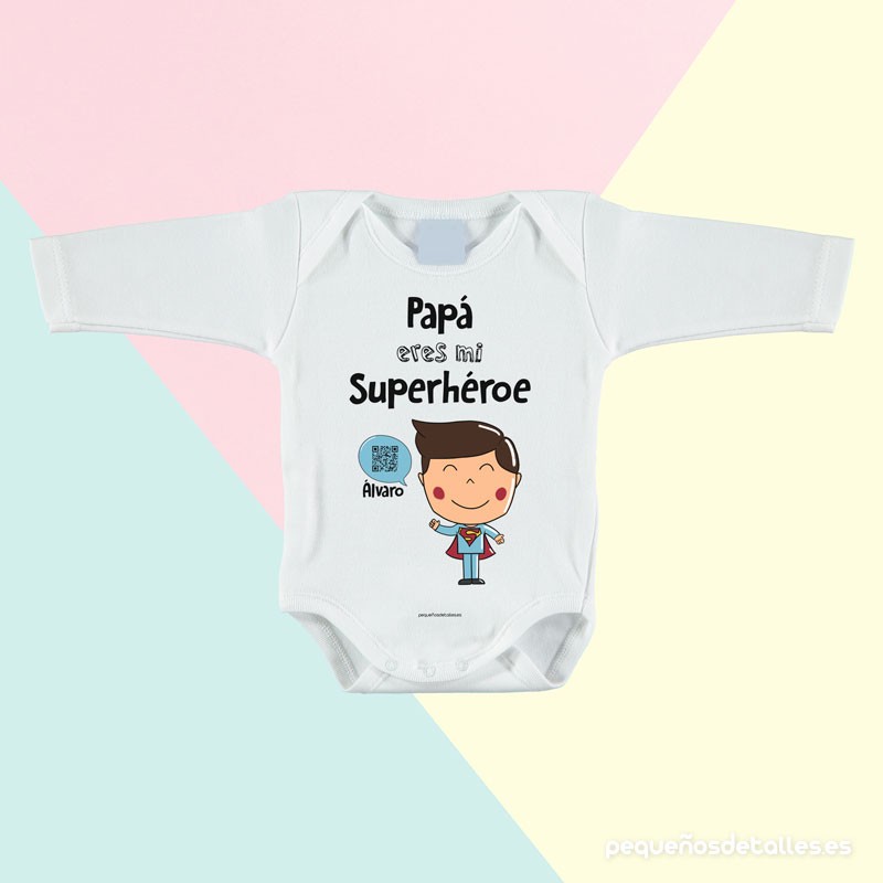 Body Papá Superhéroe Personalizado con Código QR de Mangas Largas Body Papá Superhéroe Personalizado con Código QR de Mangas Largas