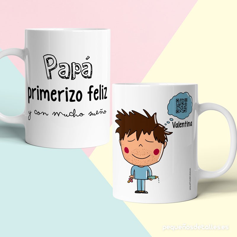 Taza Papá Primerizo personalizada con mensaje en código QR